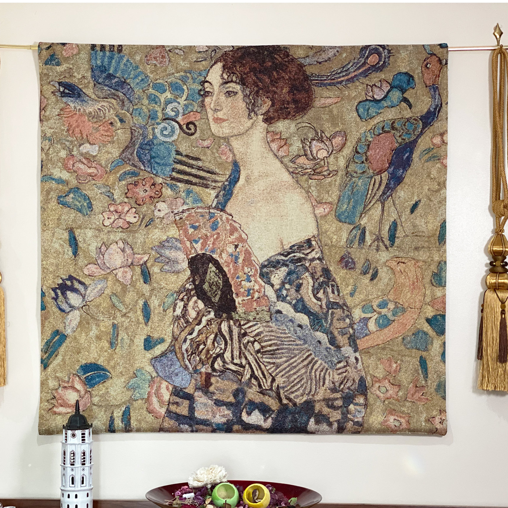 Tenture Murale Gustav Klimt - Dame à L'éventail - Coton Art Nouveau - 39x39 Pouces