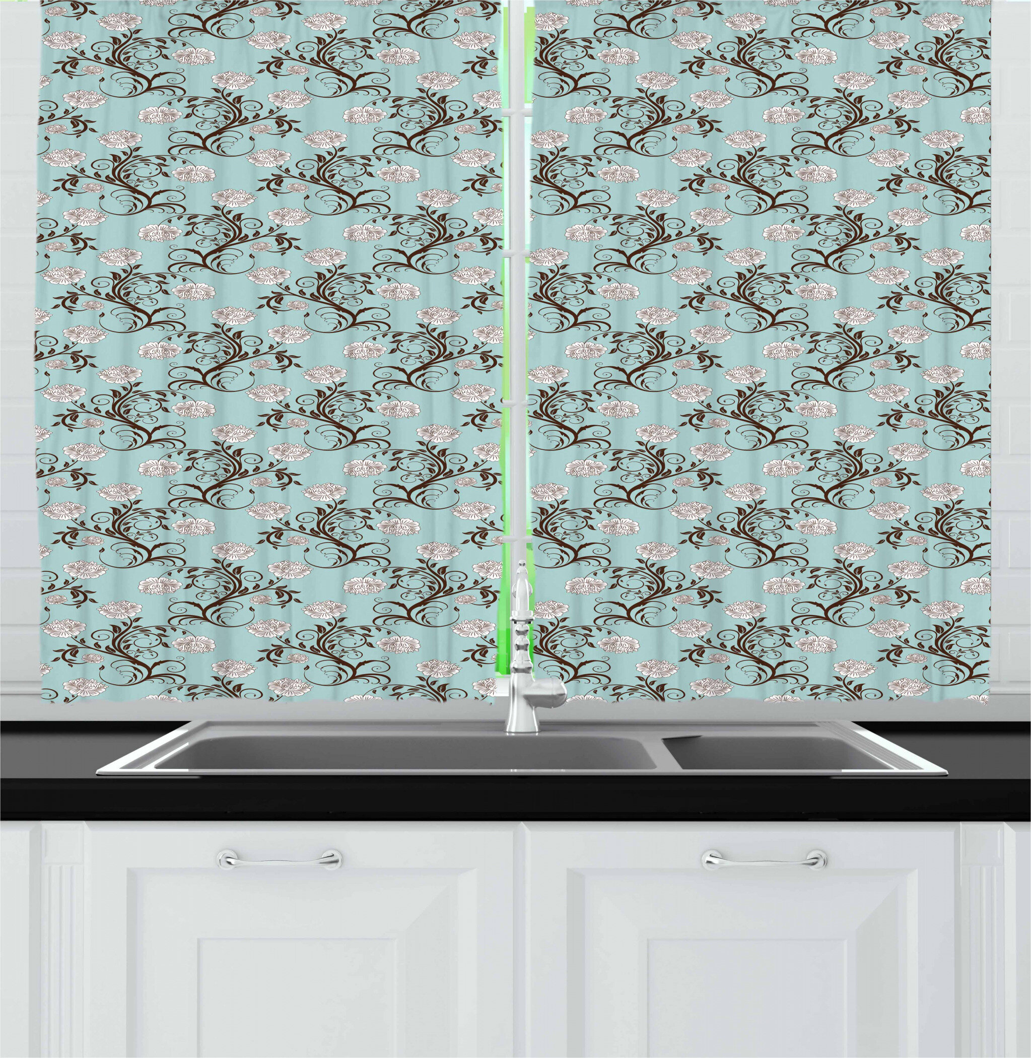 East Urban Home Floral Tailored 55'' Kitchen Curtain in Seafoam | Wayfair