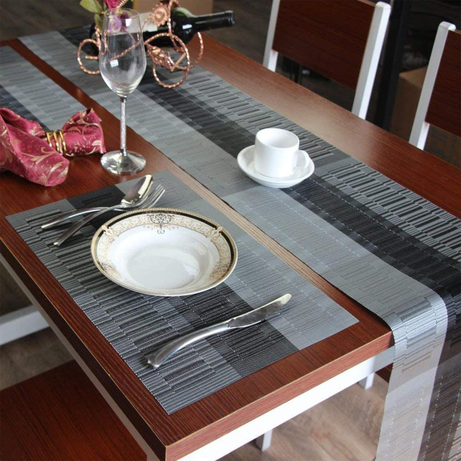 Latitude Run 6 Placemats With Table Runner Woven Vinyl Table Mats And Runner For Dining Table Heat Resistant Set Of 7 Ombre Black Gray Wayfair