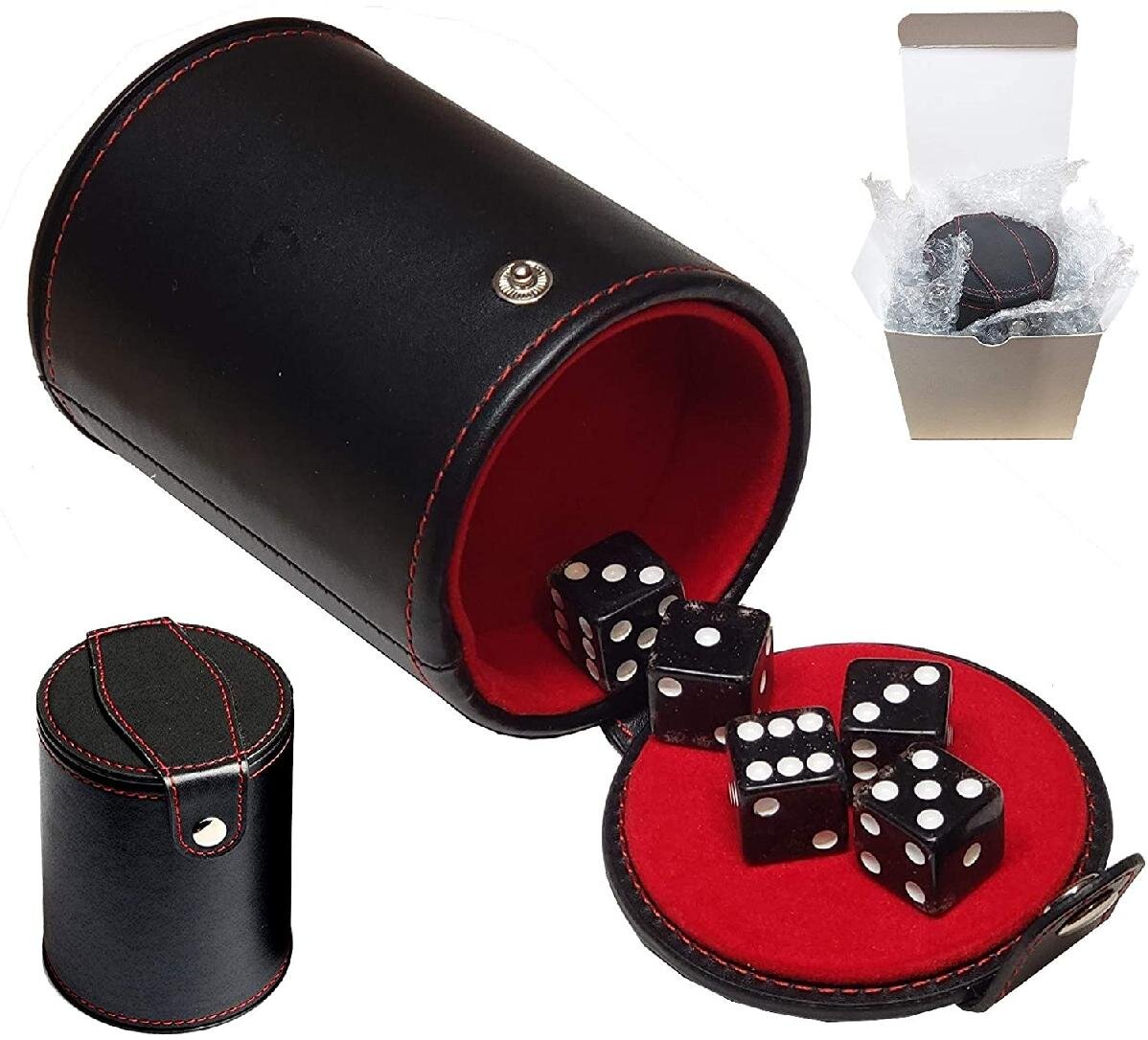 Dice Cup Black Leatherette and 5 Poker Dice With Storage Compartment 