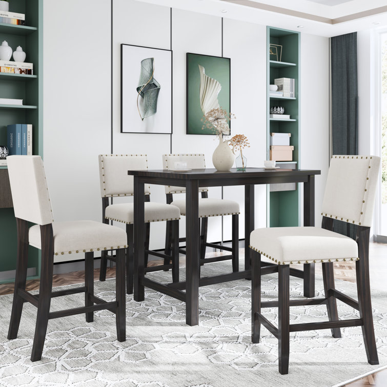 Red Barrel Studio Muad 5 Piece Rustic Wooden Counter Height Dining Table Set With 4 Upholstered Chairs For Small Places Espresso Beige Wayfair