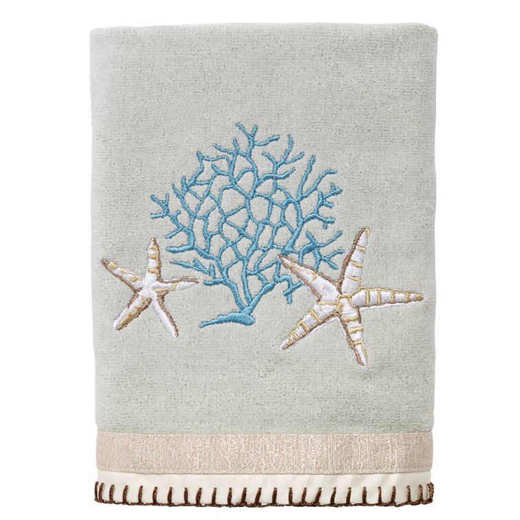 Coastal Collection Beach Starfish Washcloth Set 6 Embroidered Aqua Green White 