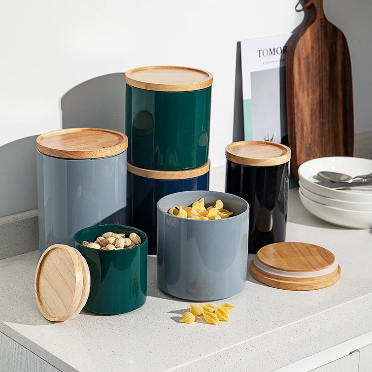 Kitchen Canisters Ceramic Food Storage Jar, Stackable Containers With  Airtight Seal Wooden Lid For Serving Ground Coffee, Tea, Sugar, Salt And  More - ...