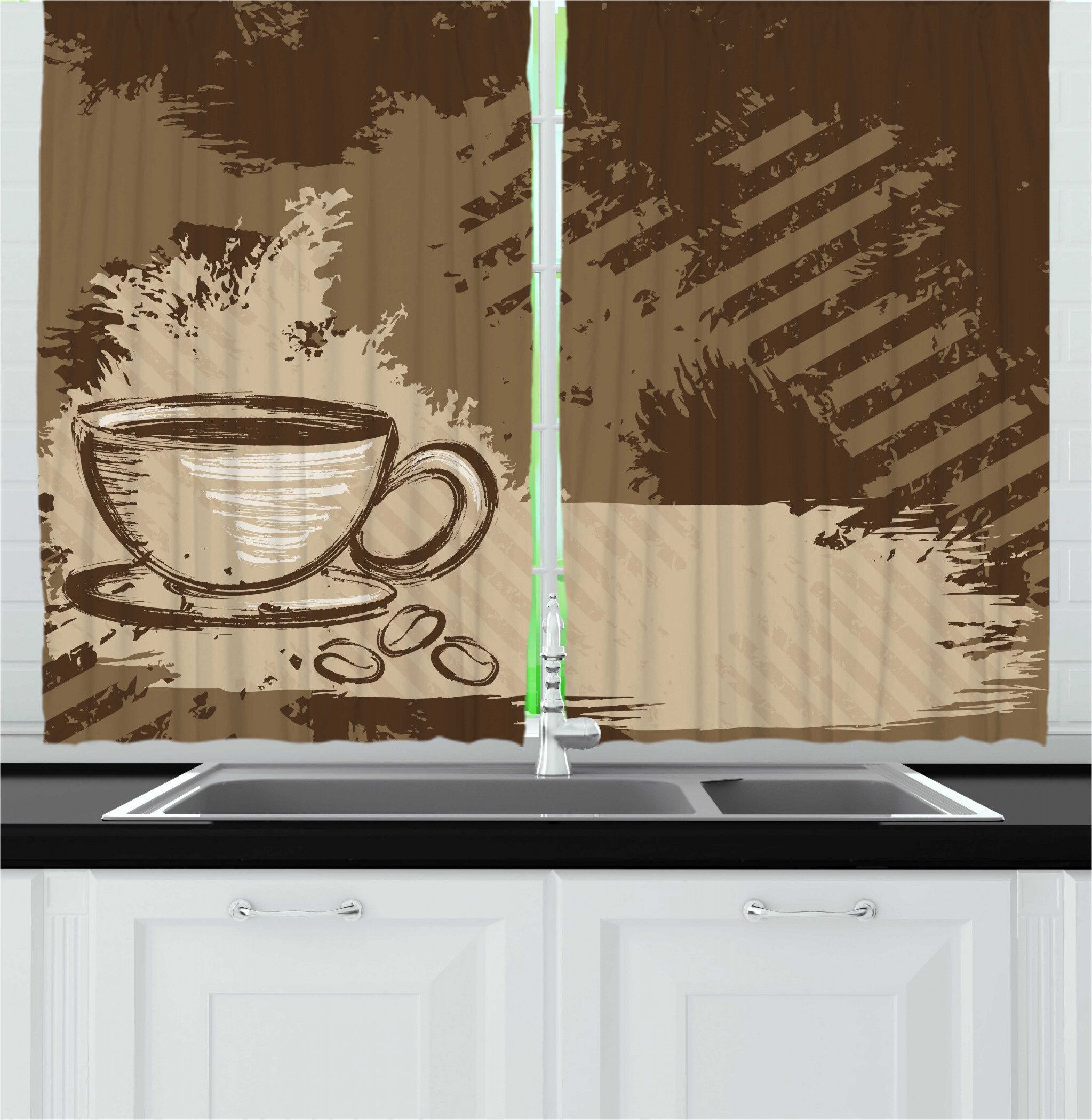 East Urban Home 2 Piece Coffee Grunge Style Illustration Of A Cup And Some Beans Graphical Artwork Kitchen Curtain Set Wayfair