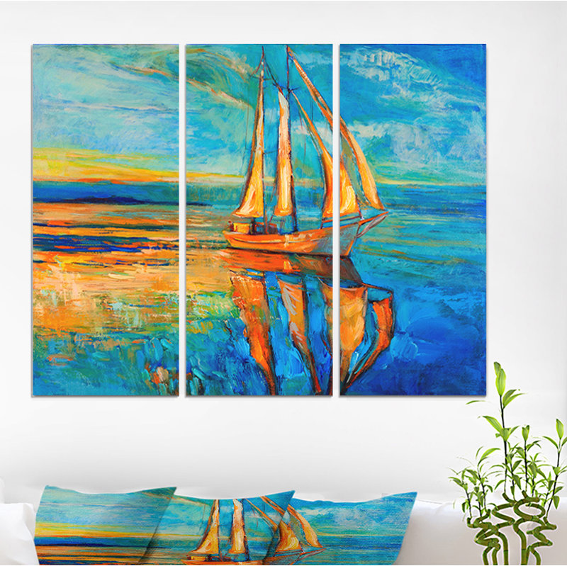 East Urban Home Sail Ship At Sunset In Blue Sky Oil Painting