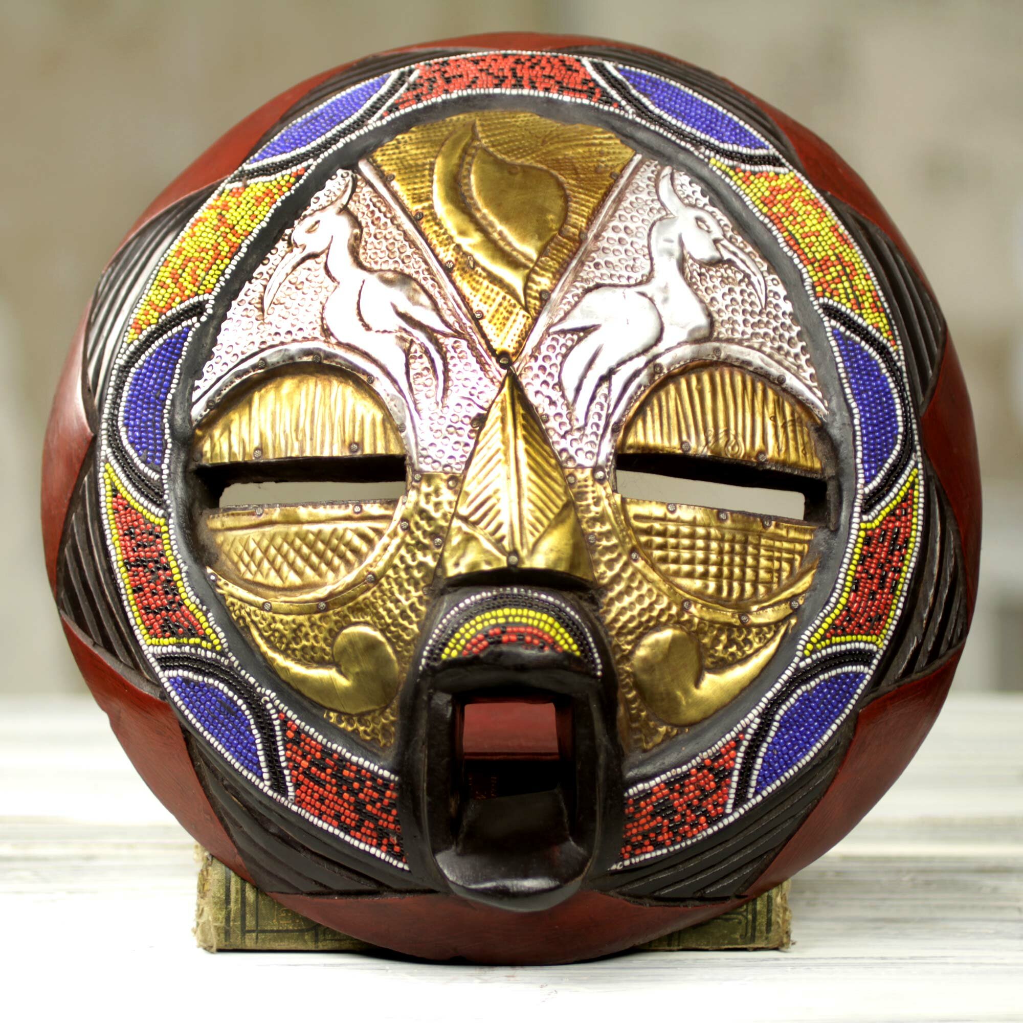 Bead And Brass Repousse African Wall Mask With Animal Motifs Wall Décor