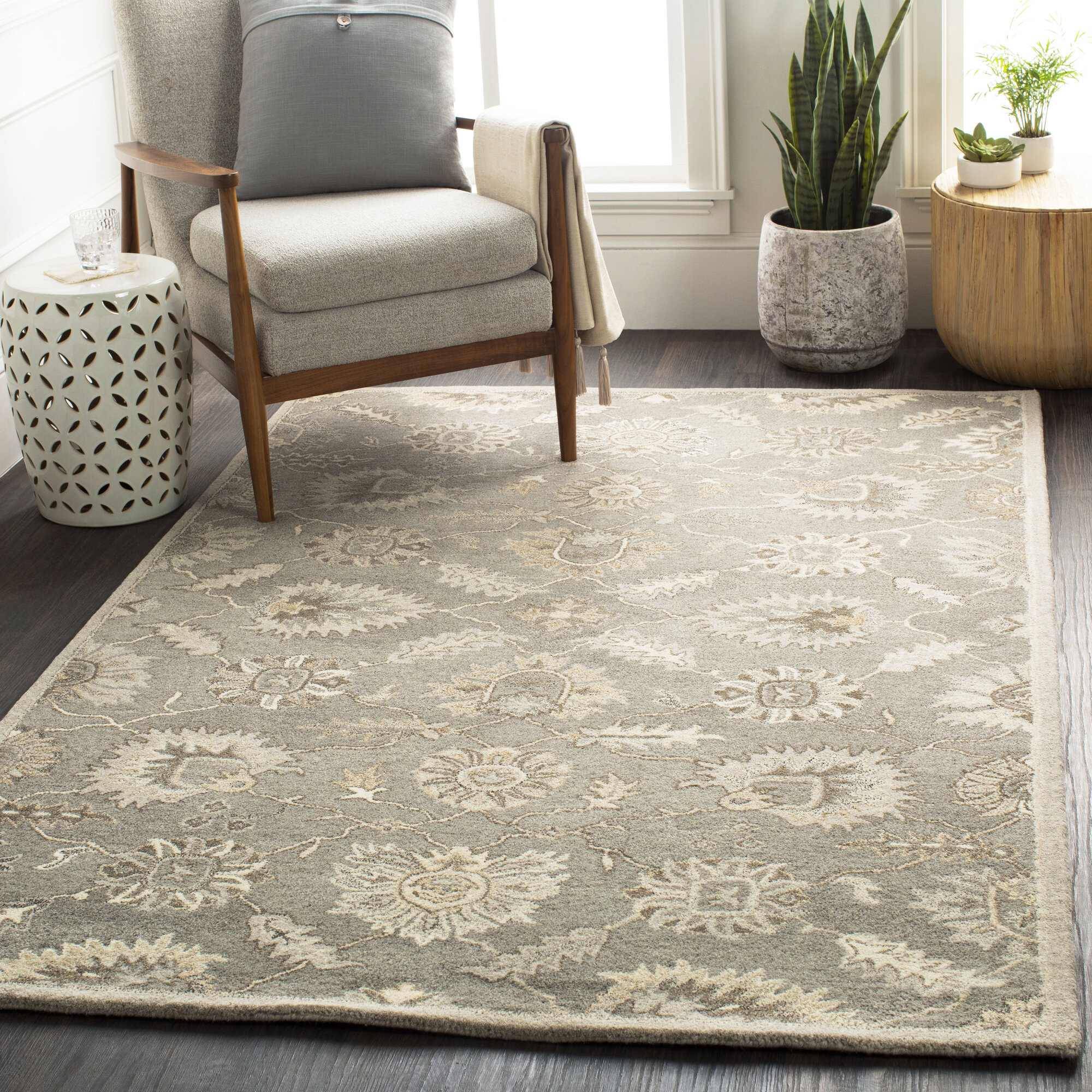 Charlton Home Sneyd Park Floral Handmade Tufted Wool Charcoal Taupe Beige Area Rug Reviews Wayfair