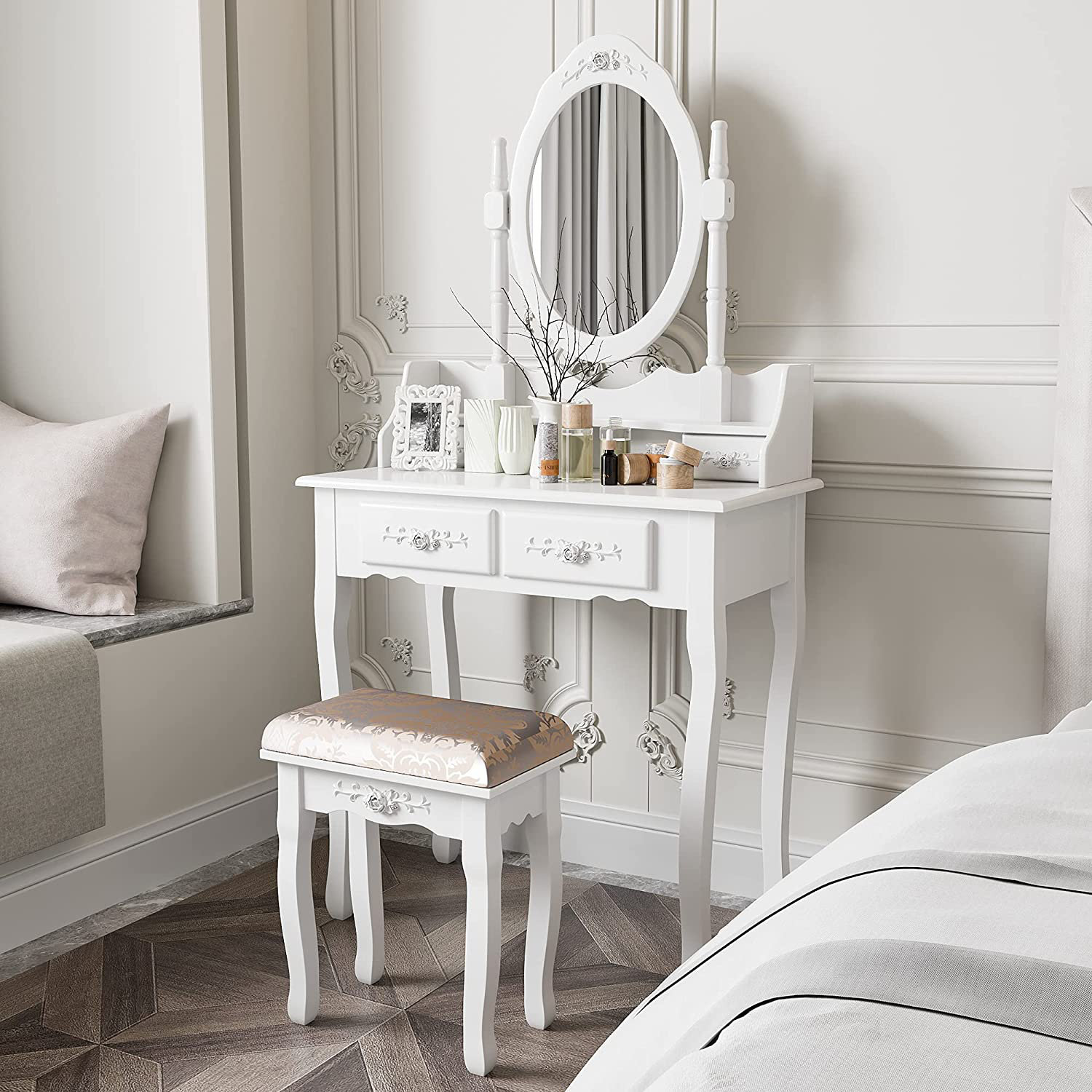 Rosdorf Park Vanity Table Set With Mirror And Cushioned Stool