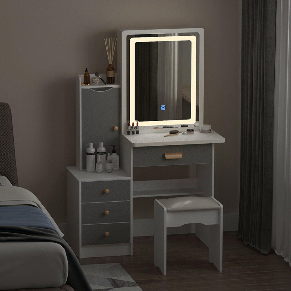 Bedroom Dresser,White a Mirror with Sliding Dressing Table and stools Modern Minimalist Dresser with Five Drawers with Vanity lamp