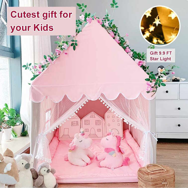 Girls Kids Princess Castle Play Tent Large Playhouse Toy Pink Rug Star Light 