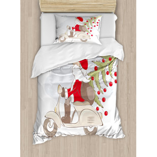 Christmas Vintage Print Santa On Motor Bike Duvet Cover Set by Ambesonne Best Choices