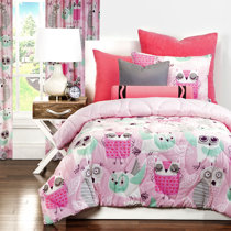 Kids Zone 4 Piece Full Sheet Set for Grils//Teens Multi-Color Owls Aqua Pink Purple Singing Owl Hearts Flower Leaves New