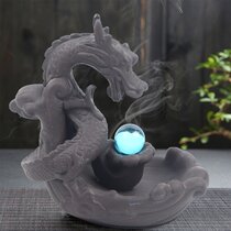 Porcelain Dragon W/ Glass Ball Smoke Tower Backflow Ceramic Cone Incense Burner 