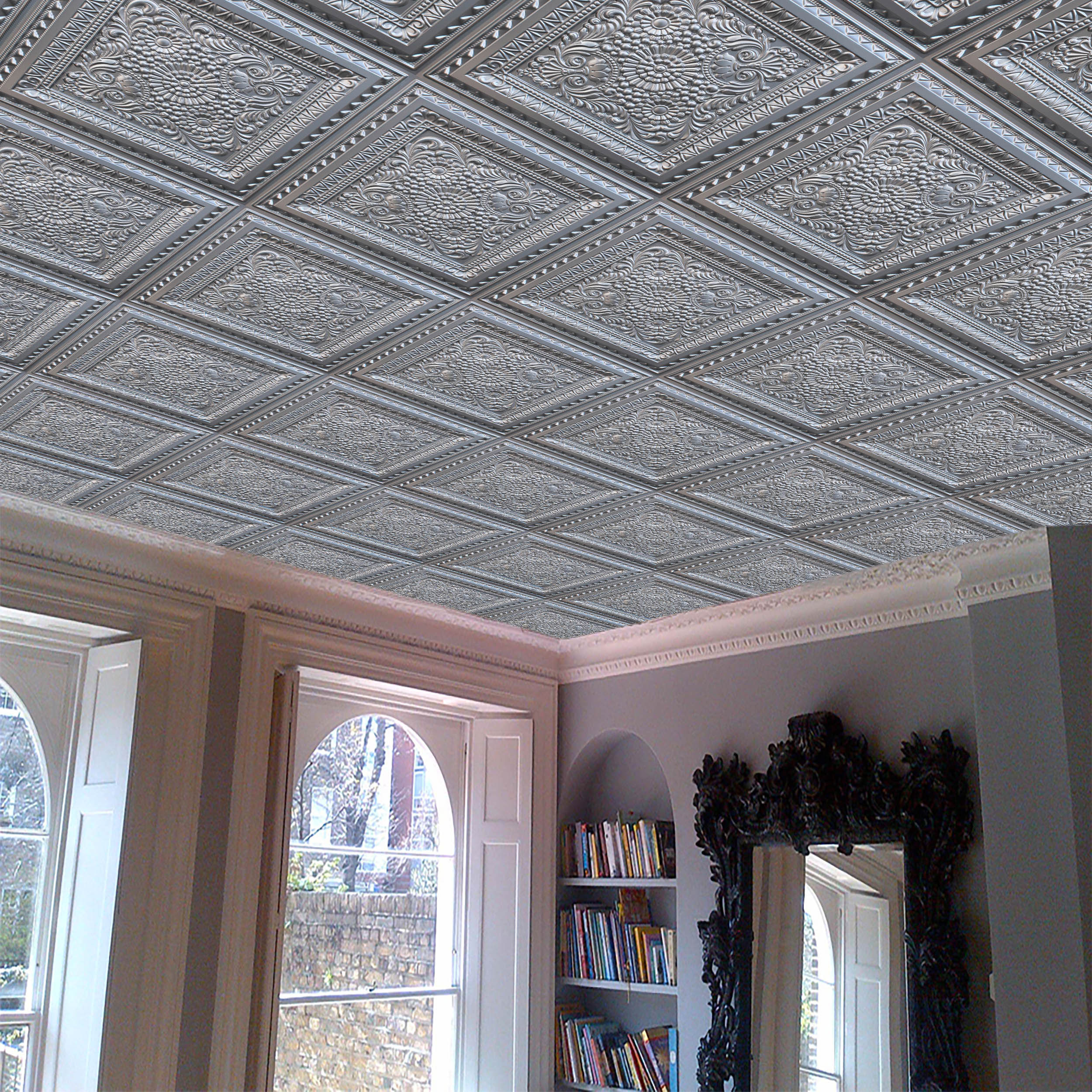 Dundee Deco Falkirk Perth 2 ft. x 2 ft. Glue up PVC Ceiling Tile in Silver  | Wayfair