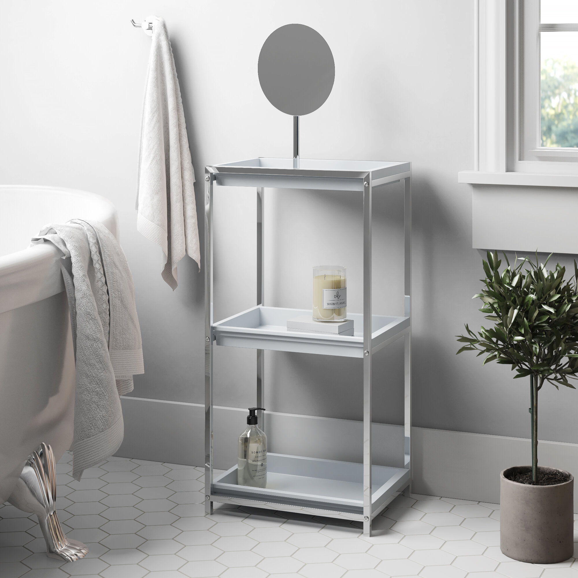 white bathroom shelf