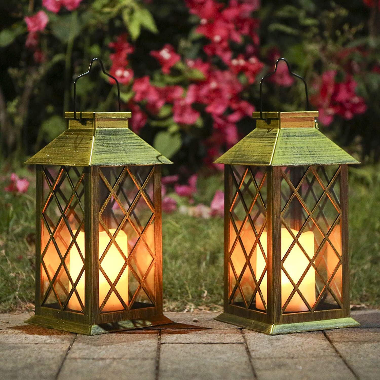 Pair of 2 Hanging Solar Powered Garden Lanterns