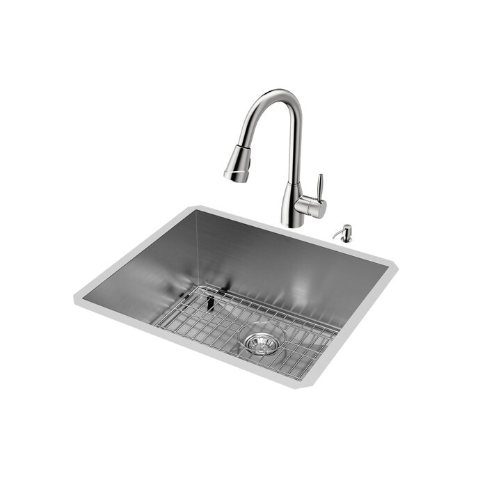 23 Inch Undermount Single Bowl 16 Gauge Stainless Steel Kitchen Sink With Graham Stainless Steel Faucet Grid Strainer And Soap Dispenser