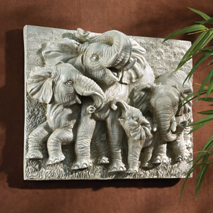 19/" African Elephants hand-painted Wall Sculpture Relief Plaque