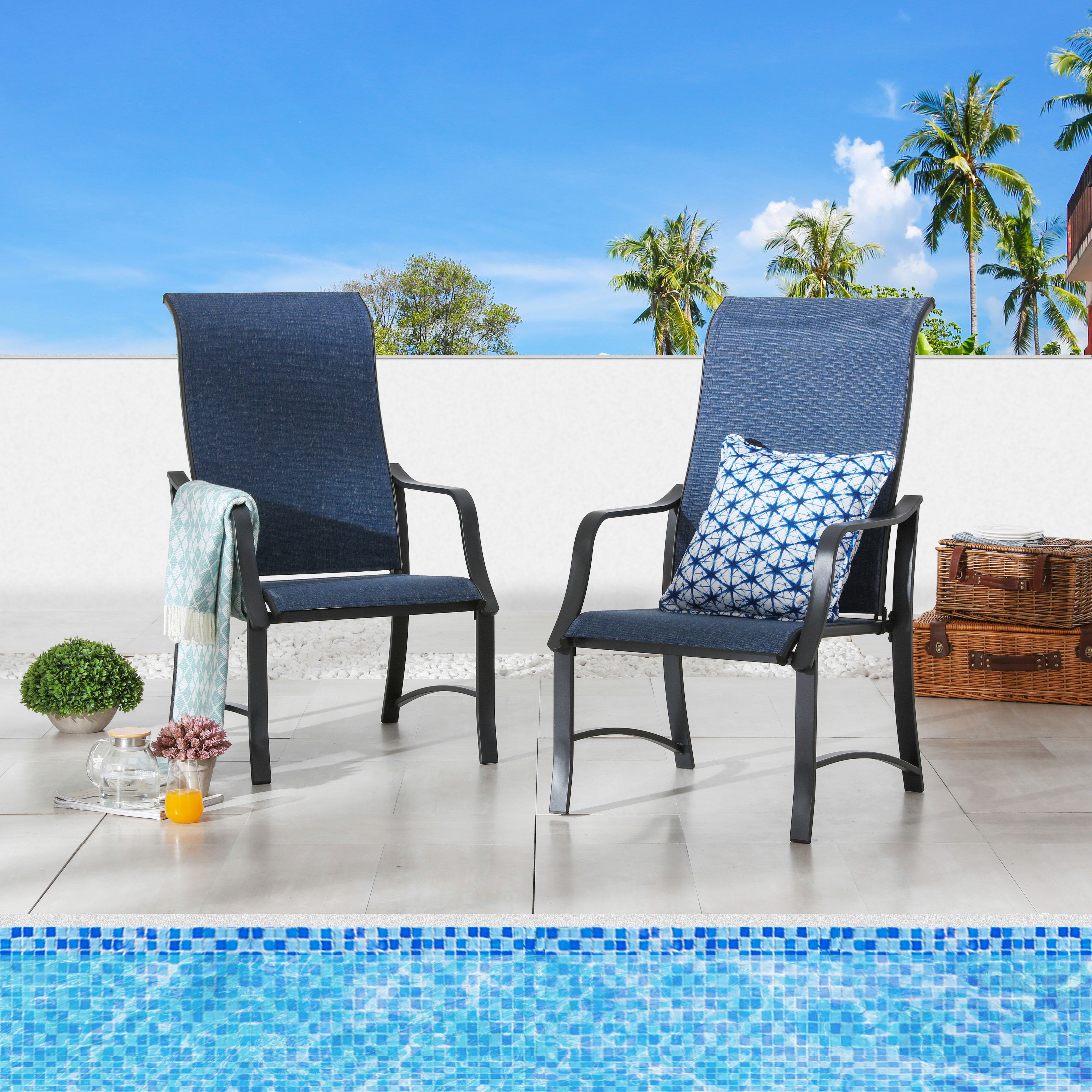 navy blue sling back patio chairs