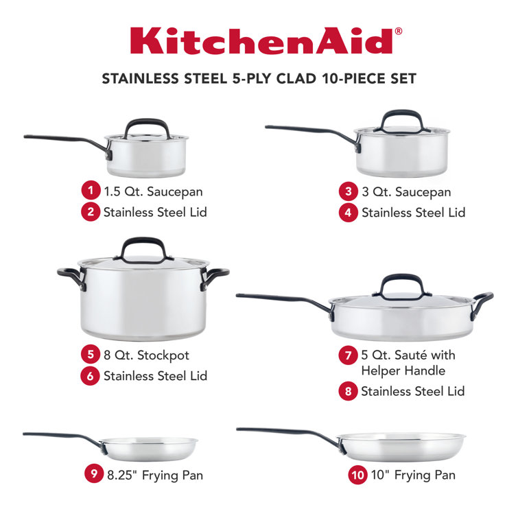 KitchenAid 5-Ply Clad Stainless Steel Cookware Set, 10-Piece, Polished  Stainless Steel