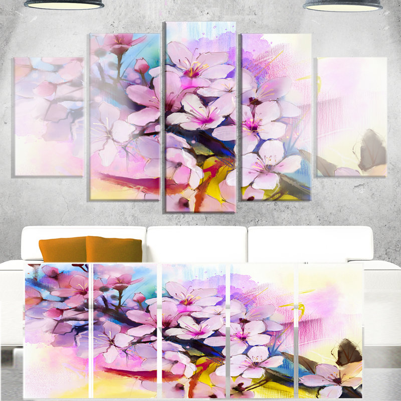 Designart Japanese Cherry Blossoms Watercolor 5 Piece Painting