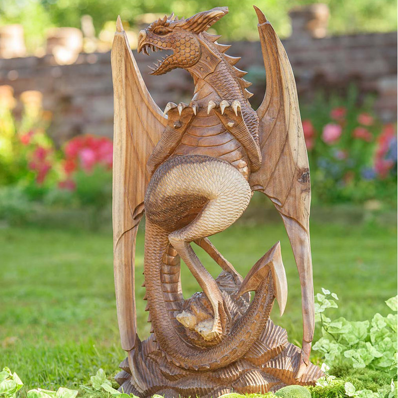 Wind & Weather Large Hand-Carved Wooden Dragon Garden Art | Wayfair