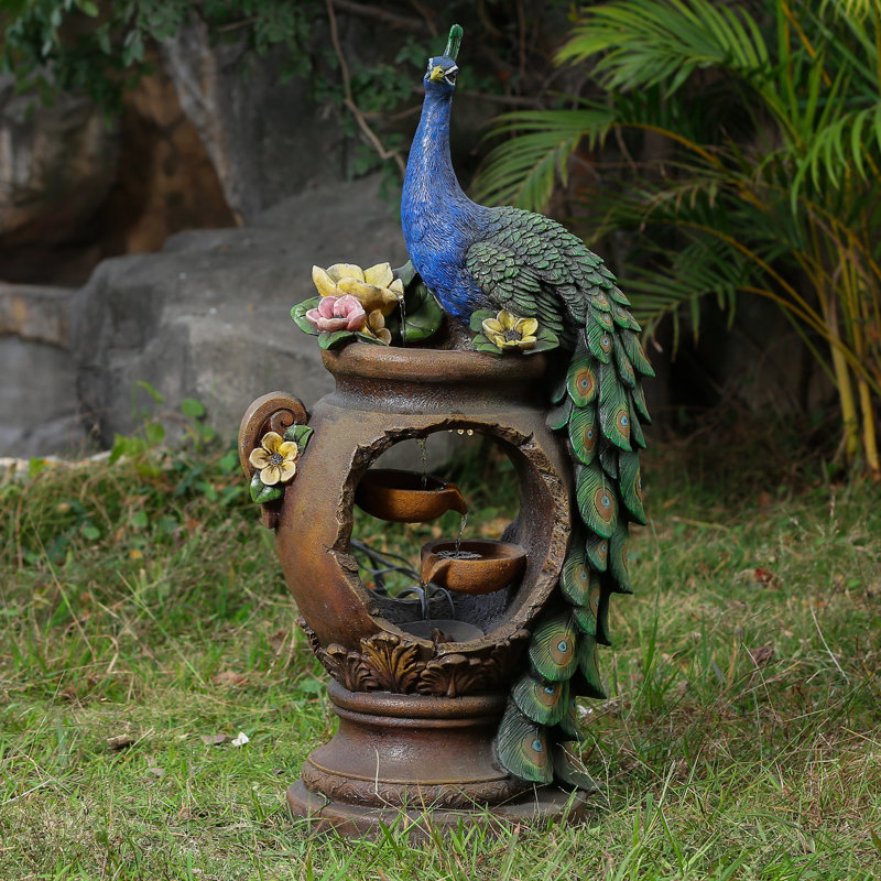 Bungalow Rose Coburg Resin Peacock And Pot Fountain With Led Light Reviews