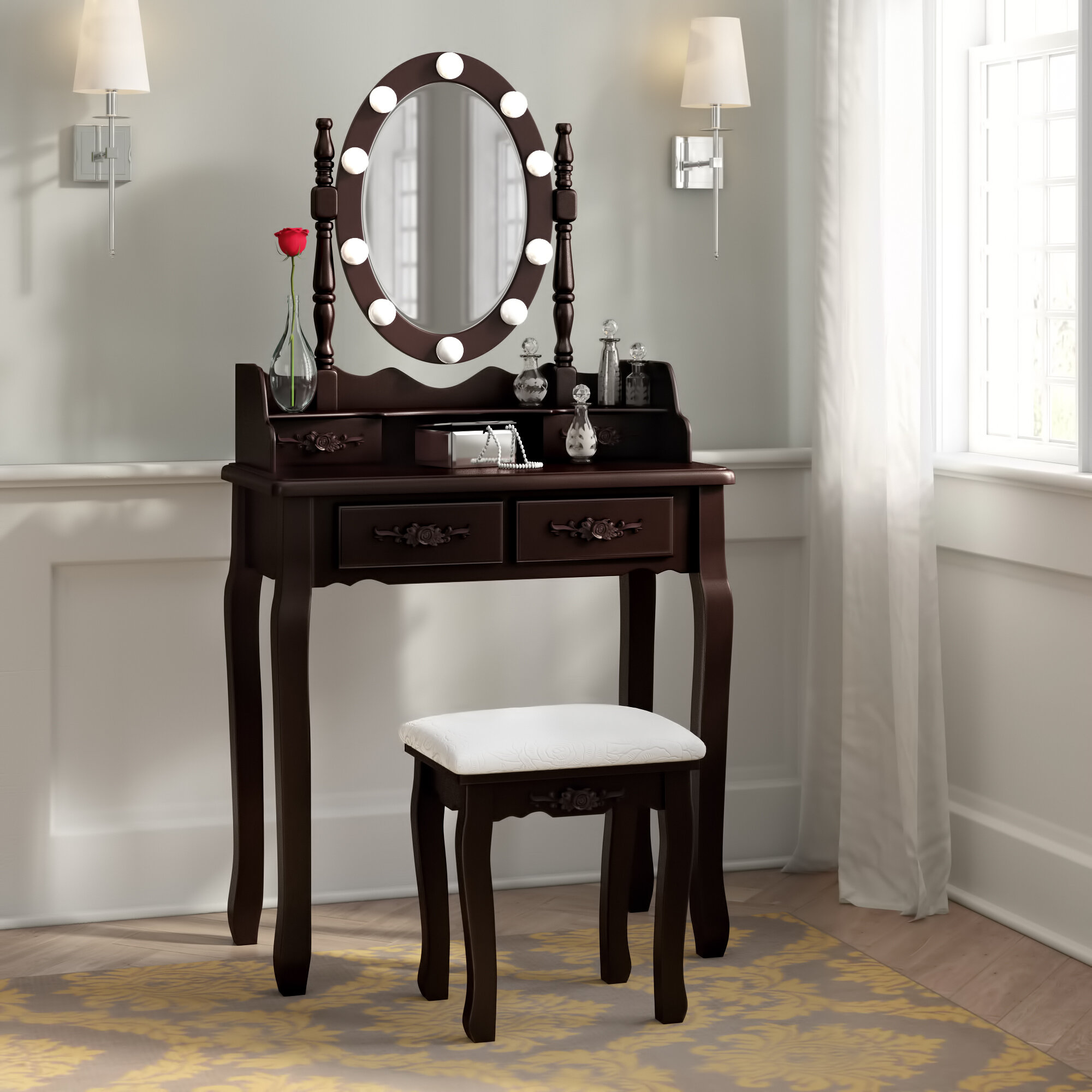 Vanity Table Set With Led Lights Mirror And Dressing Stool