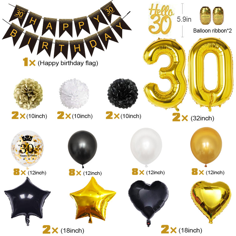 Yansion 39 Piece 30th Birthday Black Gold Party Decoration With Banner Confetti Hot Air And Heart Foil Balloons Wayfair