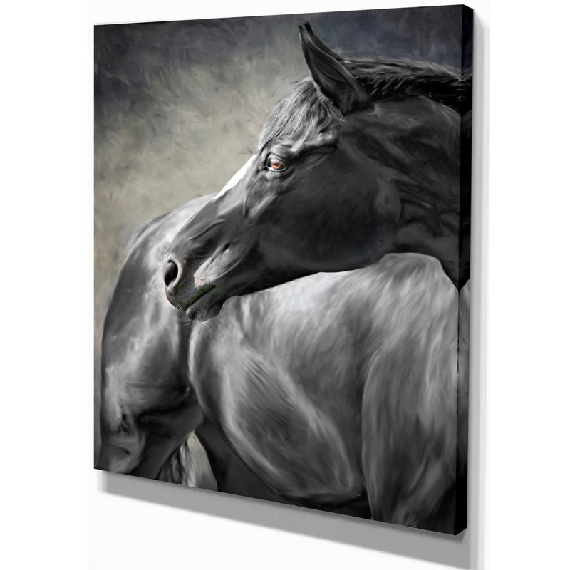 East Urban Home Farmhouse Black Horse Oil Painting Print On
