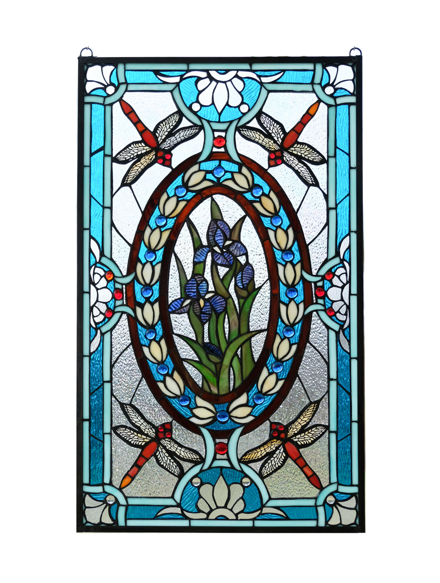 World Menagerie Panel Dragonfly And Iris Flowers Stained Glass Window Panel Wayfair 5136