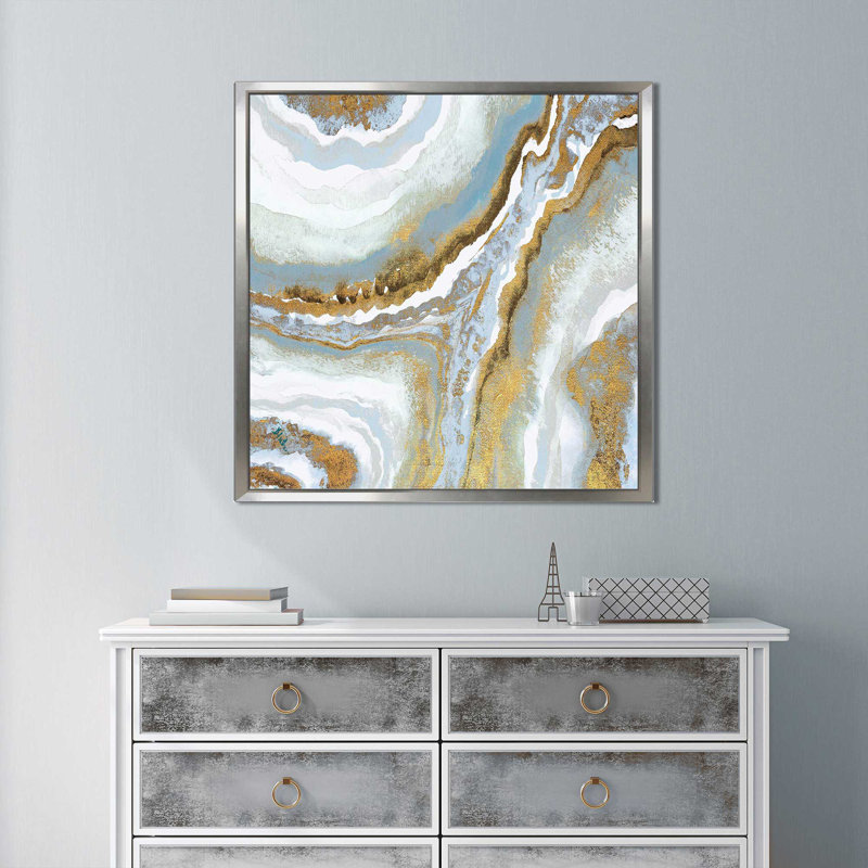 Ebern Designs Blue Agate Framed Acrylic Painting Print On Canvas