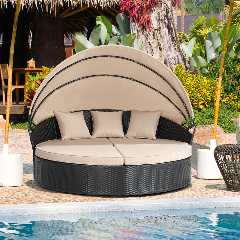 Latitude Run Patio Furniture Outdoor Lawn Backyard Poolside Garden Round Daybed With Retractable Canopy Wicker Rattan Seating Separates Cushioned Seats Wayfair Ca