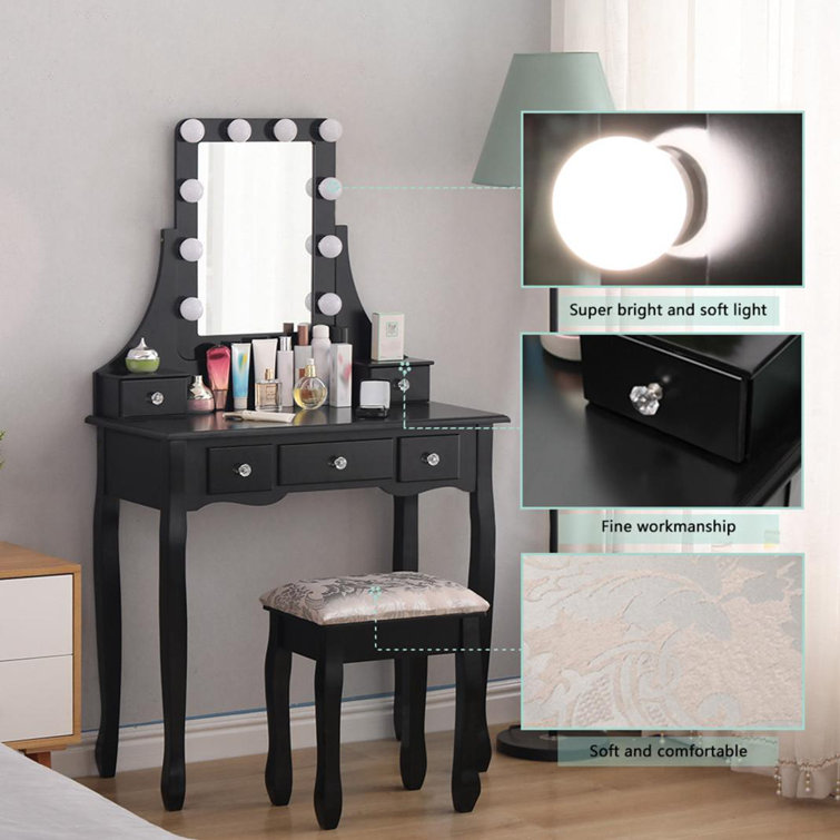 pix Modern Vanity Set With Lighted Mirror https www wayfair com furniture pdp house of hampton vanity set with lighted mirror house of hampton makeup dressing table with 10 led dimmable bulbs touch switch 3 drawers 2 dividers modern bedroom makeup table with cushioned stool for women girls w005562482 html