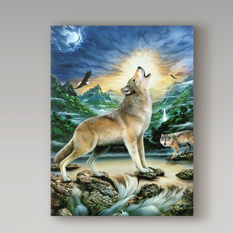 Wolf Wall Decorations - 'Howl at the Moon' Acrylic Painting Print on Wrapped Canvas