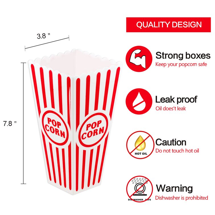 Plastic Red & White Striped Classic Popcorn Containers for Movie Night 4 Pack 4 Square x 8 Deep Novelty Place
