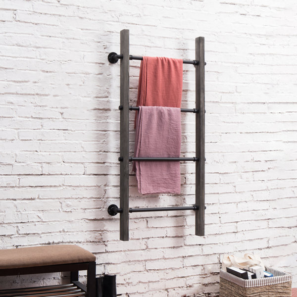 MyGift Industrial Black Pipe and Whitewashed Wood Quilt Blanket and Towel Ladder