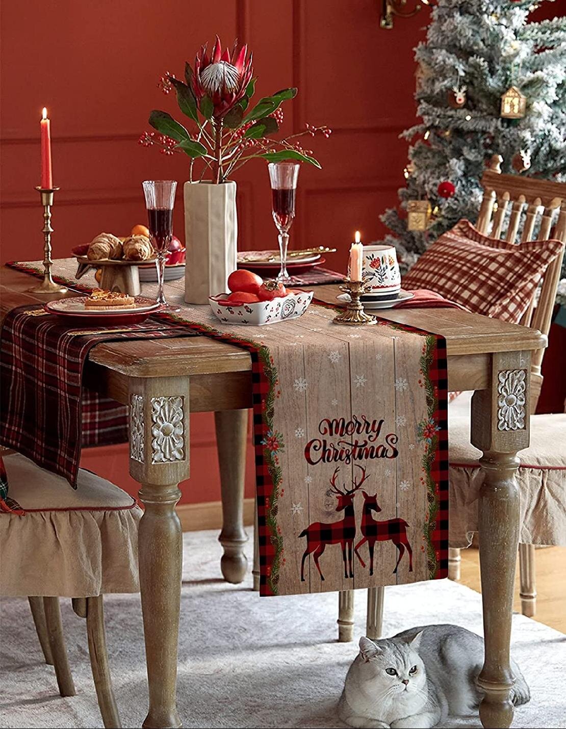Seliem Christmas Reindeer Pine Tree Table Runner, Merry Xmas Snowflakes Table Scarf Home Kitchen Red Decor Sign Winter Holiday Farmhouse Rustic Burlap Dining Decorations Party Supplies 13 X 72 Inch
