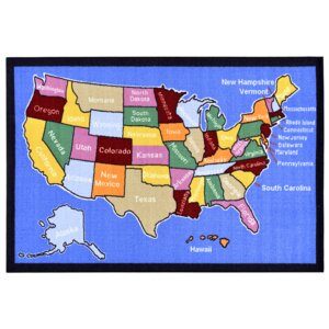 Children's American Map Blue Area Rug