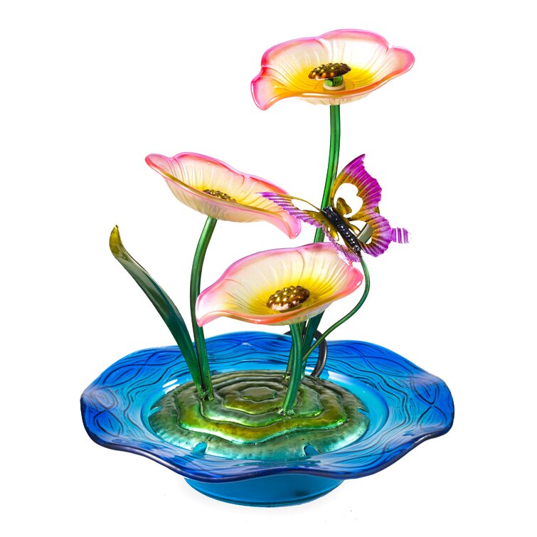 Iridescent Glass Butterfly & Water Lilies Porch Patio Tabletop Water Fountain