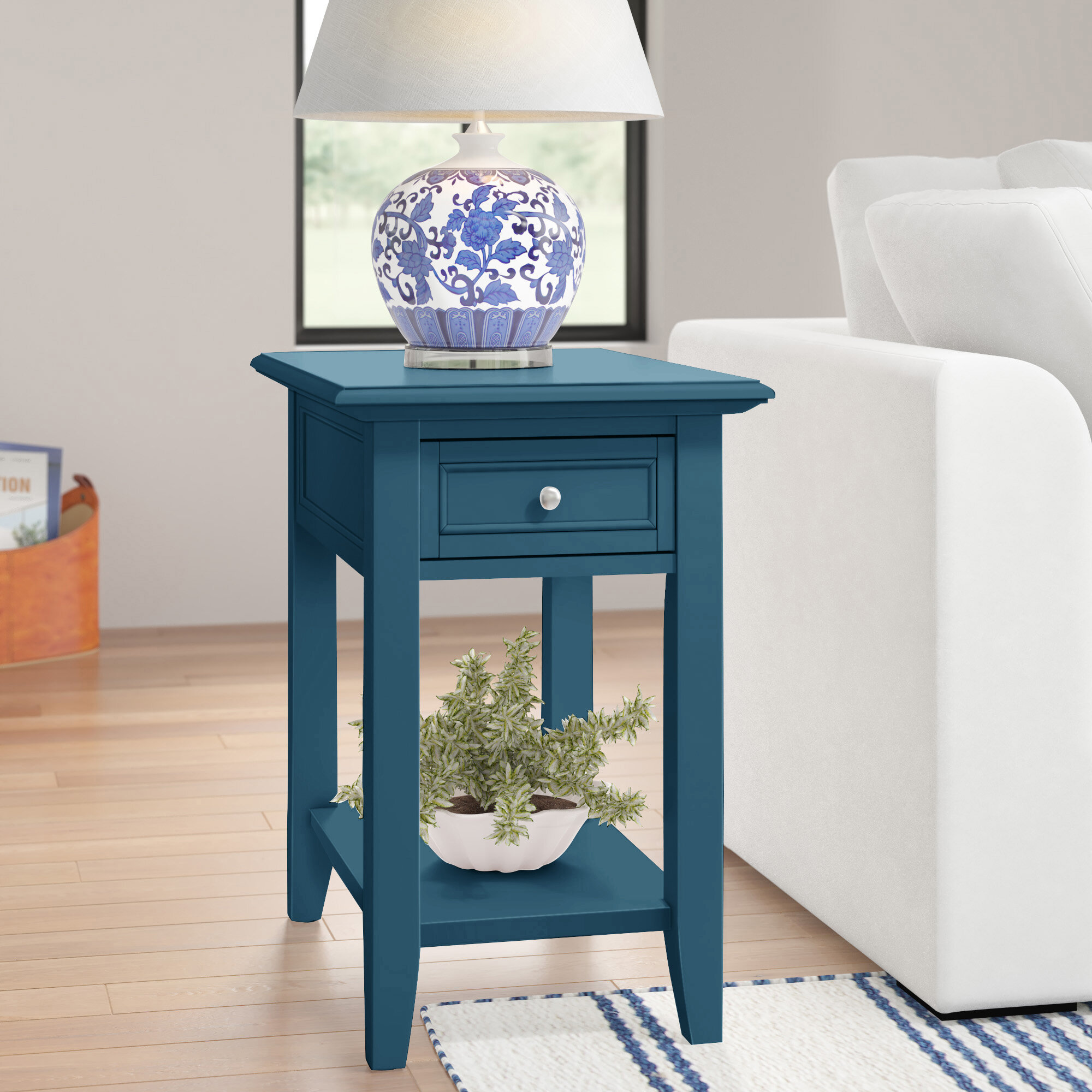 end table with lamp and storage