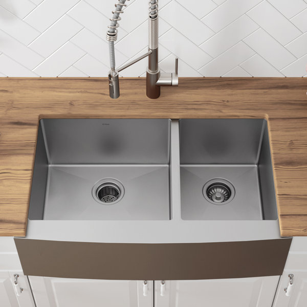 KRAUS Standart PRO 36-Inch 16 Gauge 60/40 Double Bowl Stainless Steel Farmhouse Kitchen Sink With Wasteguard Continuous Feed Garbage Disposal