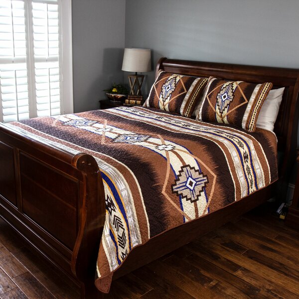 Blue Brown Southwest Coverlet Quilt Cal-King Set Native American Western Style