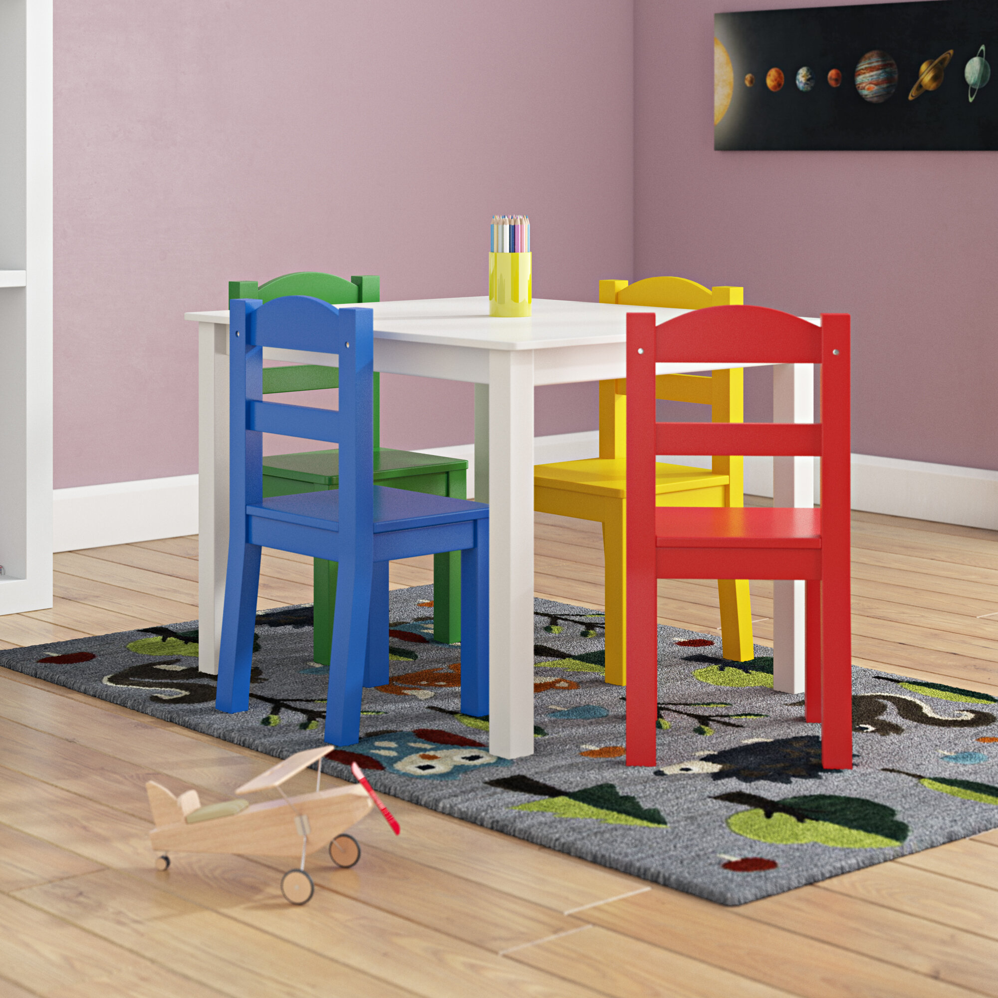 Kids 3-Piece Table And Chair Set Solid Wood Furniture Study Play Activity Desk 