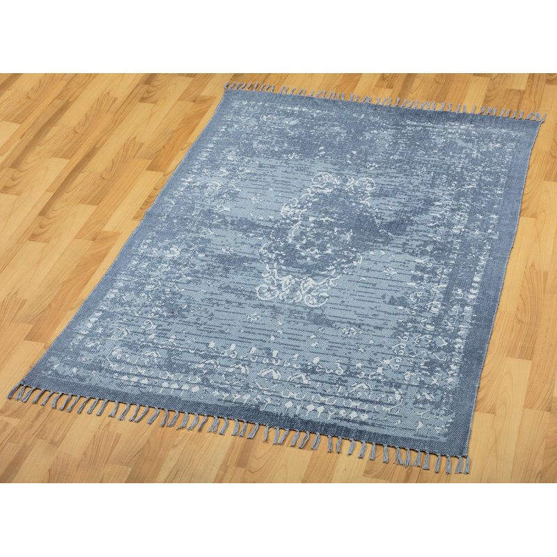 Callao Vintage Oriental Handmade Dhurrie Cotton Blue Area Rug Handmade Dhurrie Cotton Blue Area Rug
