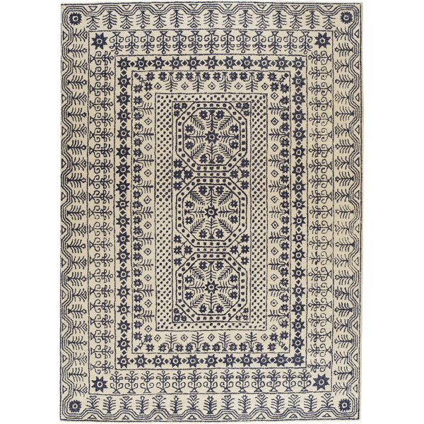 Alcott Hill Yadira Ikat Handmade Tufted Wool Denim Khaki Area Rug Tufted Wool Denim Khaki Area Rug