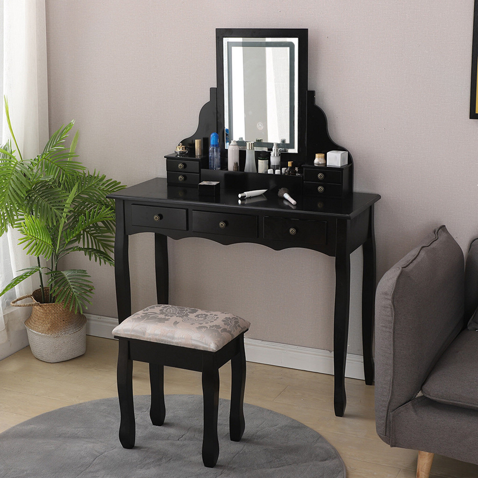 Details about   Dimmable LED Mirror Makeup Vanity Dressing Table Set With Stool Vanity Set 