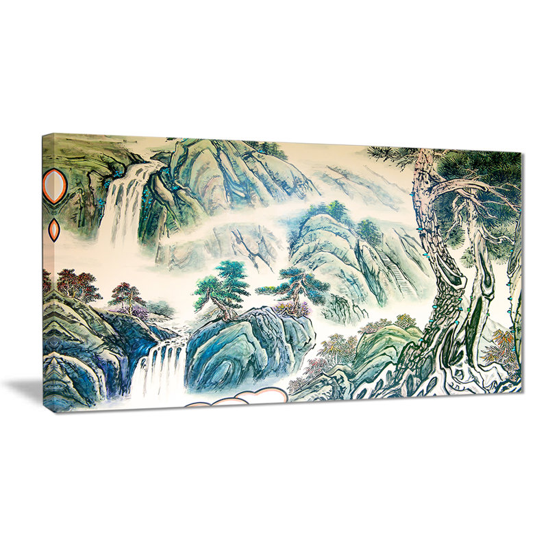 East Urban Home Blue Chinese Landscape Painting Oil Painting