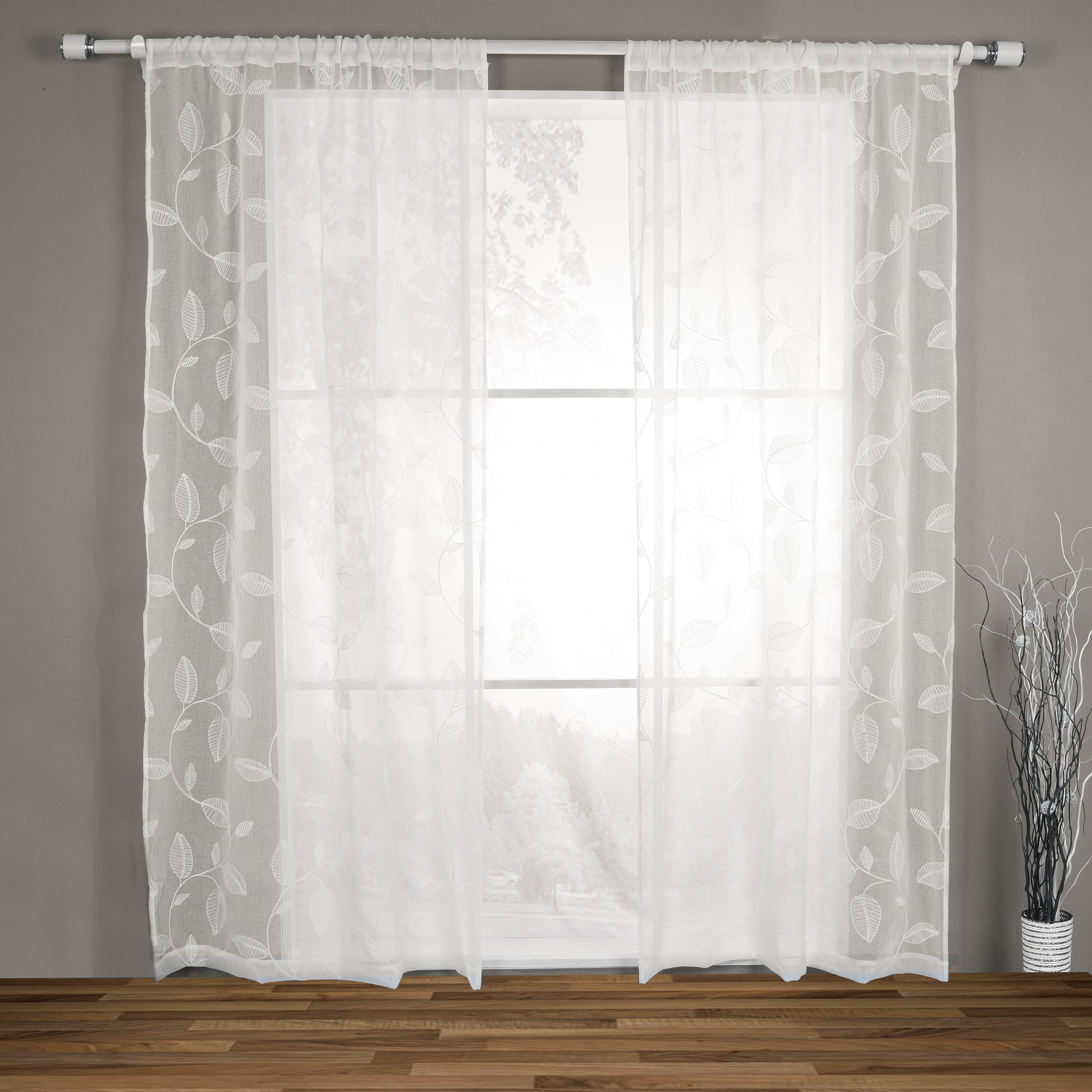August Grove Rick Embroidered Pole Floral Sheer Rod Pocket Curtain