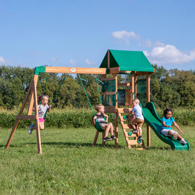 Backyard Discovery Buckley Hill Cedar Wood Swing Set with Wave Slide, Play Deck, Rock Wall Ladder, and Chalkboard
